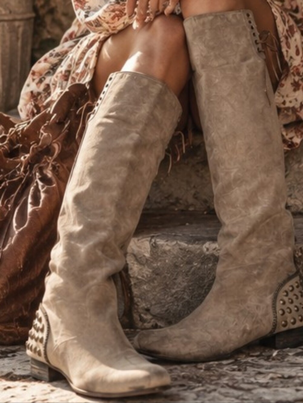 Luxury Rebel Tall Leather OTK Slouch Boots with Lace Shaft Detail + Stud Accents